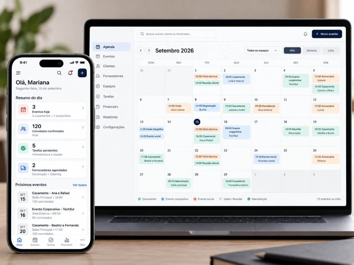 Agenda mensal do sistema de gestão de espaços para eventos, em notebook e celular