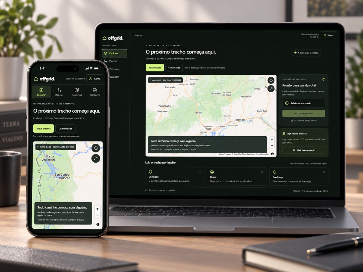 Tela do Offgrid com mapa de percursos offroad, em notebook e celular