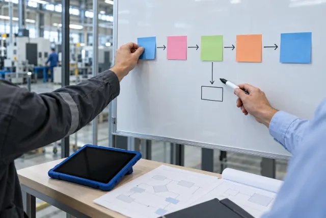 Duas pessoas mapeiam um processo num quadro branco com post-its e setas, ao lado do chão de fábrica
