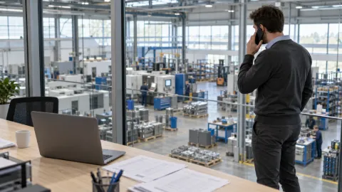 Planejador ao telefone num escritório de mezanino com vista para a fábrica, com notebook e documentos impressos na mesa